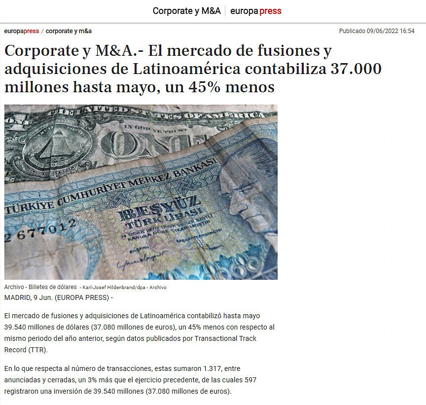 Corporate y M&A.- El mercado de fusiones y adquisiciones de Latinoamérica contabiliza 37.000 millones hasa mayo, un 45% menos